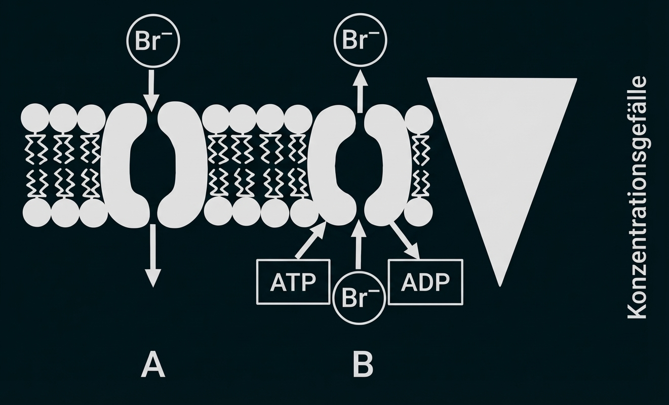 Schematische Membranillustration: Bromid-Ionentransport durch Kanäle in zwei Zuständen (A, B) mit ATP/ADP und Konzentrationsgefälle.